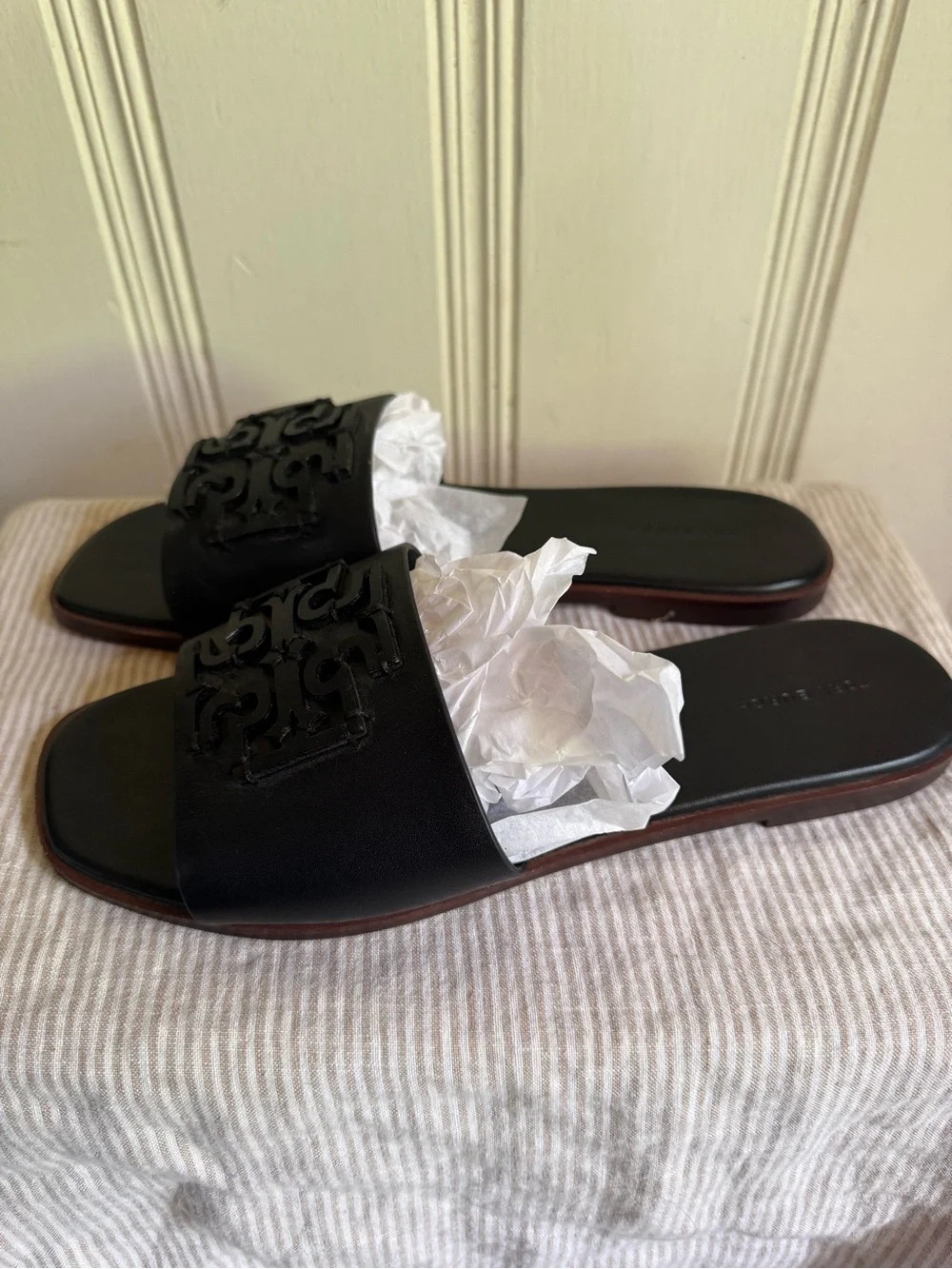 Tory Burch Ines Black Leather Slide Sandals with Logo Accent - Women